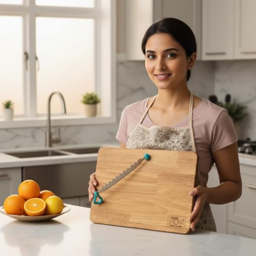 SUPERMOM Chopping Board 1 Pc – Wooden Multifunctional Craft Cut & Chop Board with Stainless Steel Knife – 2-in-1 Vegetable Slicer & Fruit Cutter with AdjustableNon Slip Handle – Ideal for Kitchen Use - Image 4