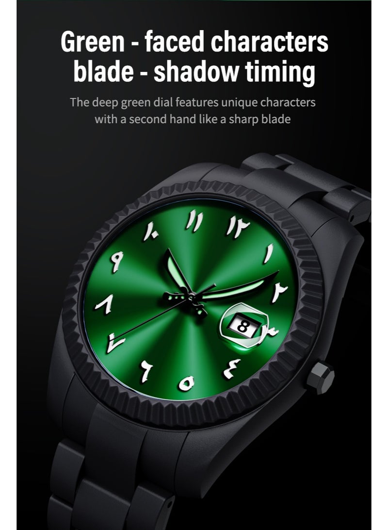 إيه آن د دبليو ساعة عربية سوداء رجالية بقرص أخضر صنراي، ساعة كوارتز بأرقام عربية مع عرض التاريخ وعقارب مضيئة، مقاومة للماء 3ATM، زجاج معدني، هدية لمحبي الساعات العربية - Image 3