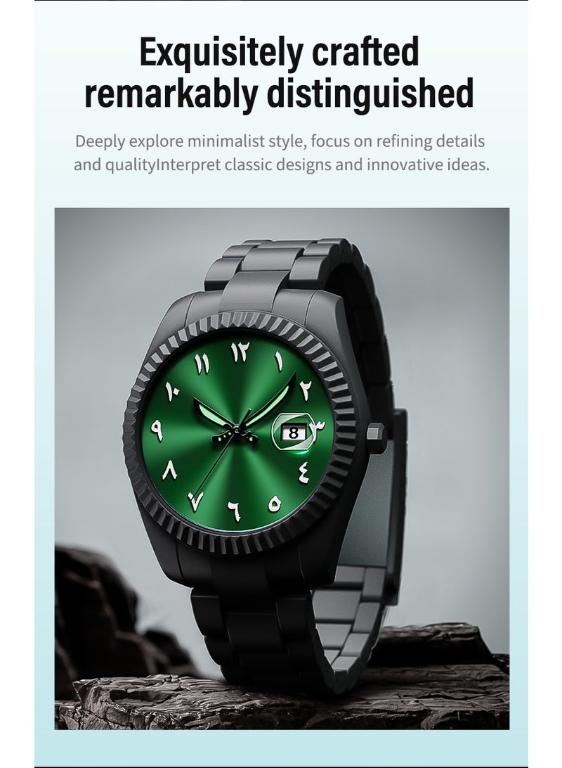 إيه آن د دبليو ساعة عربية سوداء رجالية بقرص أخضر صنراي، ساعة كوارتز بأرقام عربية مع عرض التاريخ وعقارب مضيئة، مقاومة للماء 3ATM، زجاج معدني، هدية لمحبي الساعات العربية - Image 4