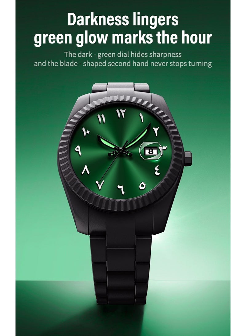 إيه آن د دبليو ساعة عربية سوداء رجالية بقرص أخضر صنراي، ساعة كوارتز بأرقام عربية مع عرض التاريخ وعقارب مضيئة، مقاومة للماء 3ATM، زجاج معدني، هدية لمحبي الساعات العربية - Image 2