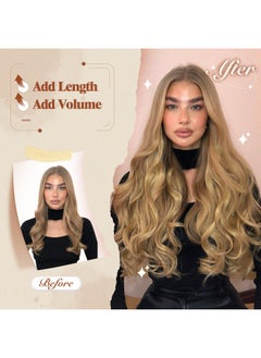FESHFEN FESHFEN Invisible Wire Hair Extensions with Transparent Wire Synthetic Hair Piece Long Wavy Secret Headband Hairpieces for Women 20 inch Dark Golden Mix Beige Blonde  - Image 5