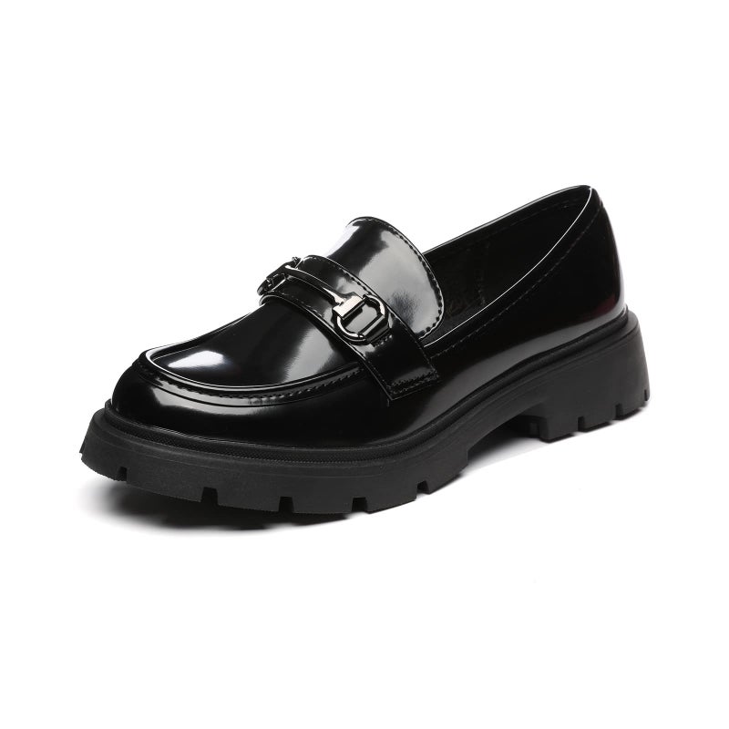 Vera Creation Women's Chunky Platform Loafers with Chain or Buckle Patent Leather Casual Business Work Shoes Comfort Slip-on (Black+Black Buckle 9.5) - Image 1