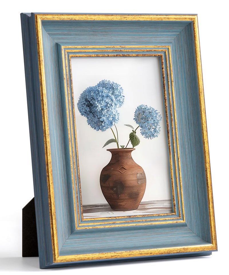 Afuly Afuly 4x6 Vintage Picture Frame Elegant Retro Picture Frames Blue Gold Photo Frame Wall Hang Desktop Summer Home Decor Wedding Birthday Gifts for Grandma Mom Women Parents  - Image 1