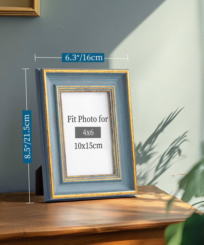 Afuly Afuly 4x6 Vintage Picture Frame Elegant Retro Picture Frames Blue Gold Photo Frame Wall Hang Desktop Summer Home Decor Wedding Birthday Gifts for Grandma Mom Women Parents  - Image 5