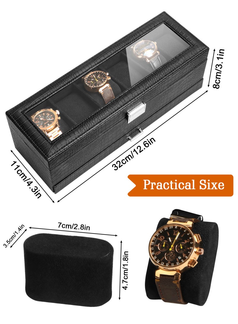 URbazaar Watch Box for Men, 6 Slot Watch Display Case with Drawer, Mens Watch Case With Glass Lid, 2-Layer Jewelry and Watch Storage Watch Holder Organizer for Men Women -6 Slot, Black - Image 2