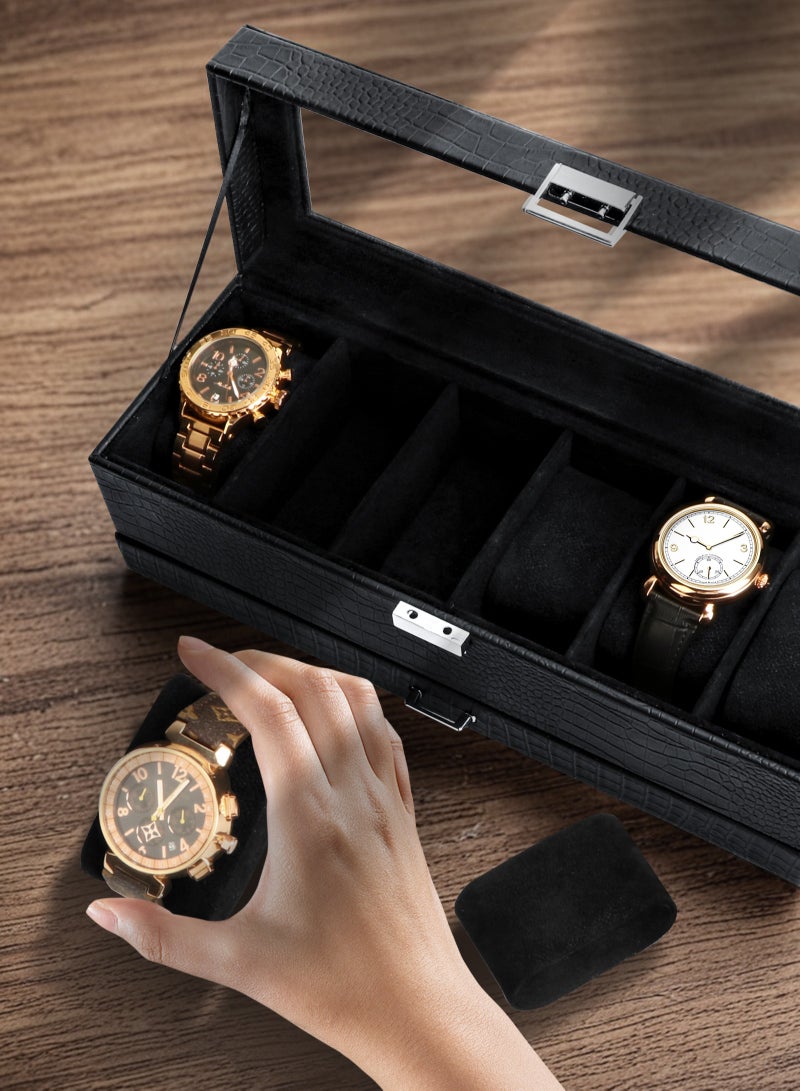 URbazaar Watch Box for Men, 6 Slot Watch Display Case with Drawer, Mens Watch Case With Glass Lid, 2-Layer Jewelry and Watch Storage Watch Holder Organizer for Men Women -6 Slot, Black - Image 5
