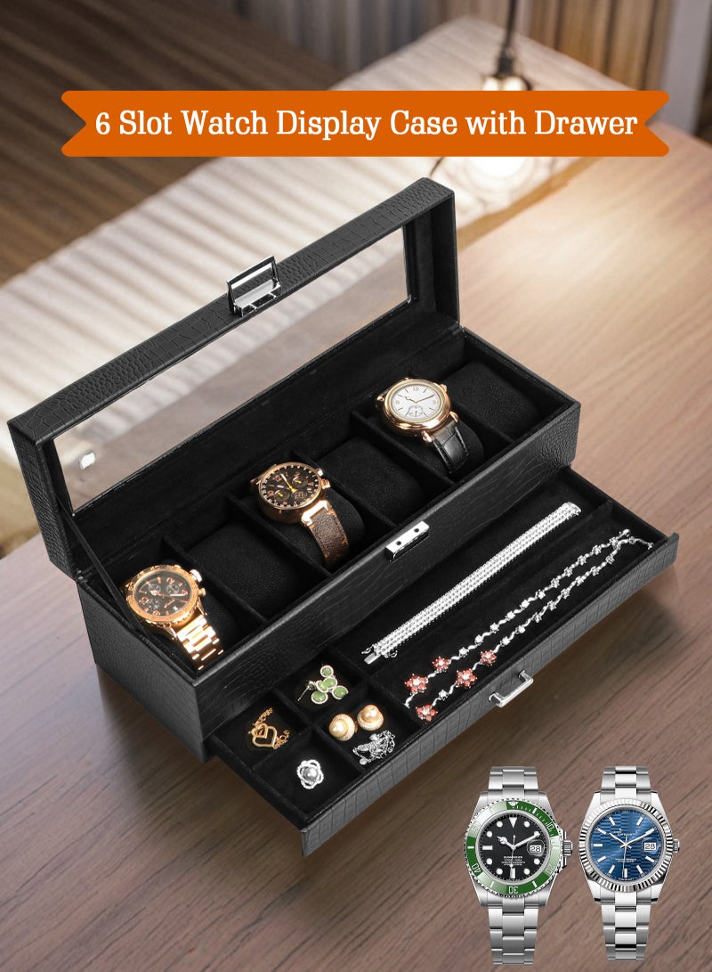 URbazaar Watch Box for Men, 6 Slot Watch Display Case with Drawer, Mens Watch Case With Glass Lid, 2-Layer Jewelry and Watch Storage Watch Holder Organizer for Men Women -6 Slot, Black - Image 4