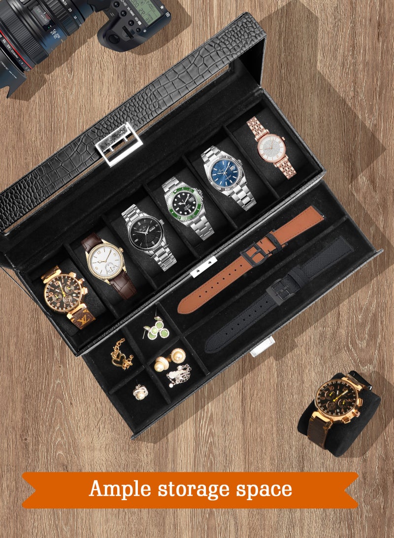 URbazaar Watch Box for Men, 6 Slot Watch Display Case with Drawer, Mens Watch Case With Glass Lid, 2-Layer Jewelry and Watch Storage Watch Holder Organizer for Men Women -6 Slot, Black - Image 3