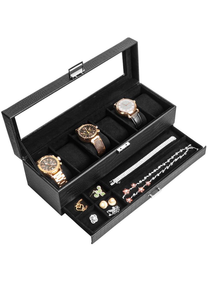 URbazaar Watch Box for Men, 6 Slot Watch Display Case with Drawer, Mens Watch Case With Glass Lid, 2-Layer Jewelry and Watch Storage Watch Holder Organizer for Men Women -6 Slot, Black - Image 1