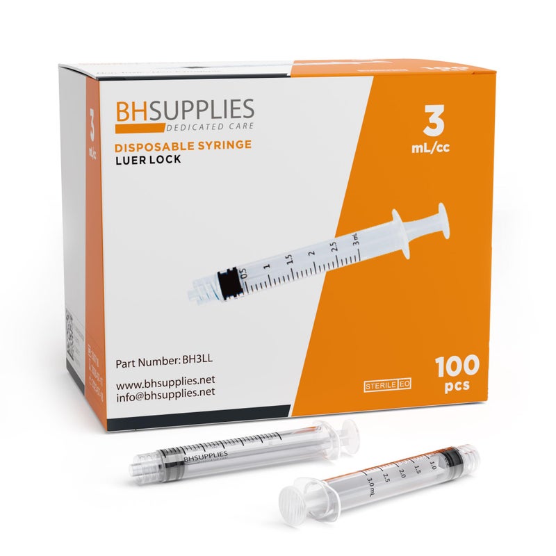 BH SUPPLIES BH Supplies 3ml Luer Lock Tip Syringes No Needle Sterile Individually Wrapped 100 Syringes 