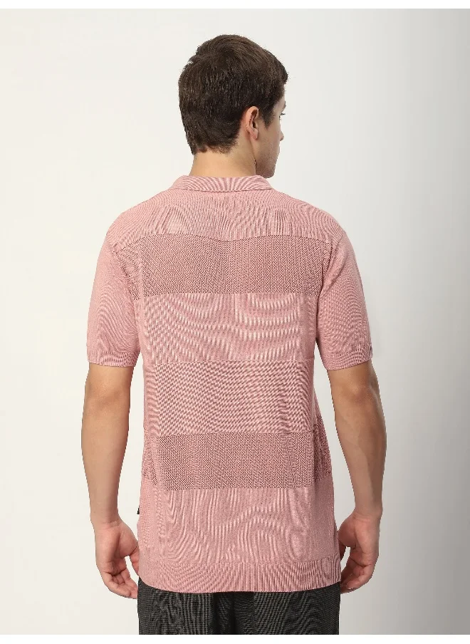 بيونغ Rose Pink Striped Flat Knit Polo T-Shirt for Men