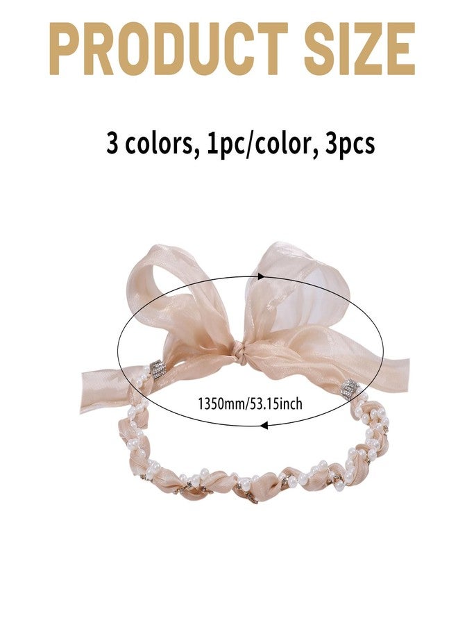 CHGCRAFT 3 Pcs 3 Colors Pearls and Floral Hat Band Nylon Hat Band Decor Hair Scarf Headband for Women Panama Straw Accessories - Image 2
