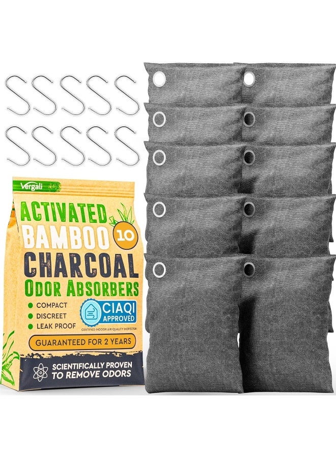 Vergali ماص رائحة الفحم النشط 10x3.5 أونصة مع خطافات. حقيبة تنقية الهواء بالفحم البامبو من ناتشر فريش. معطر هواء للمنزل والسيارة والخزانة مزيل رائحة قوي للغرفة، الدرج، مزيل رائحة الدخان. - Image 1