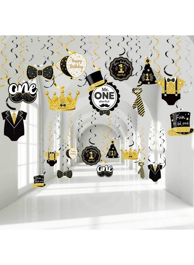 Sumind 30 Pieces Mr. Onederful Birthday Decorations Glitter Black Gold Hanging Swirls 1St Birthday Party Foil Swirls Ceiling Mustache Toppers Sign Decor For Baby Boy First Birthday Supplies - Image 2