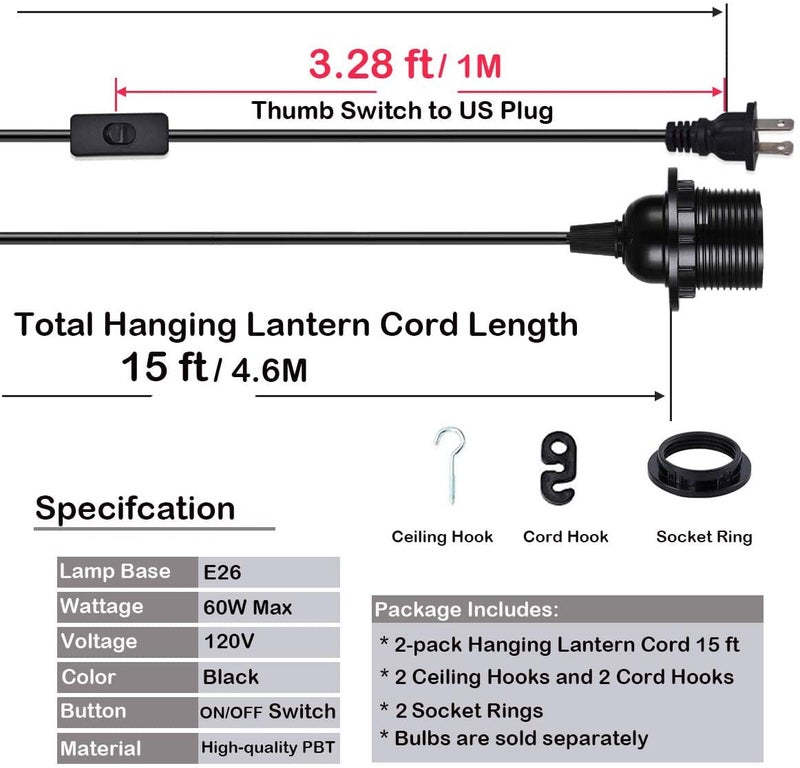 HESSION 2-Pack 15 Feet Plug in Pendant Light, Black Extension Hanging Lantern Cord Cable with in-Line On/Off Switch, E26 E27 Socket - Image 2
