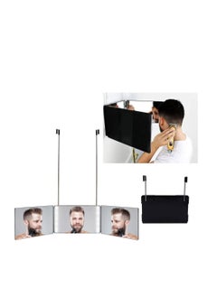 3 Way Mirror for Hair Cutting - Rechargeable 360° Barber Mirror with Adjustable Lights & Height Telescoping Hooks, Trifold Self Cut Mirror
