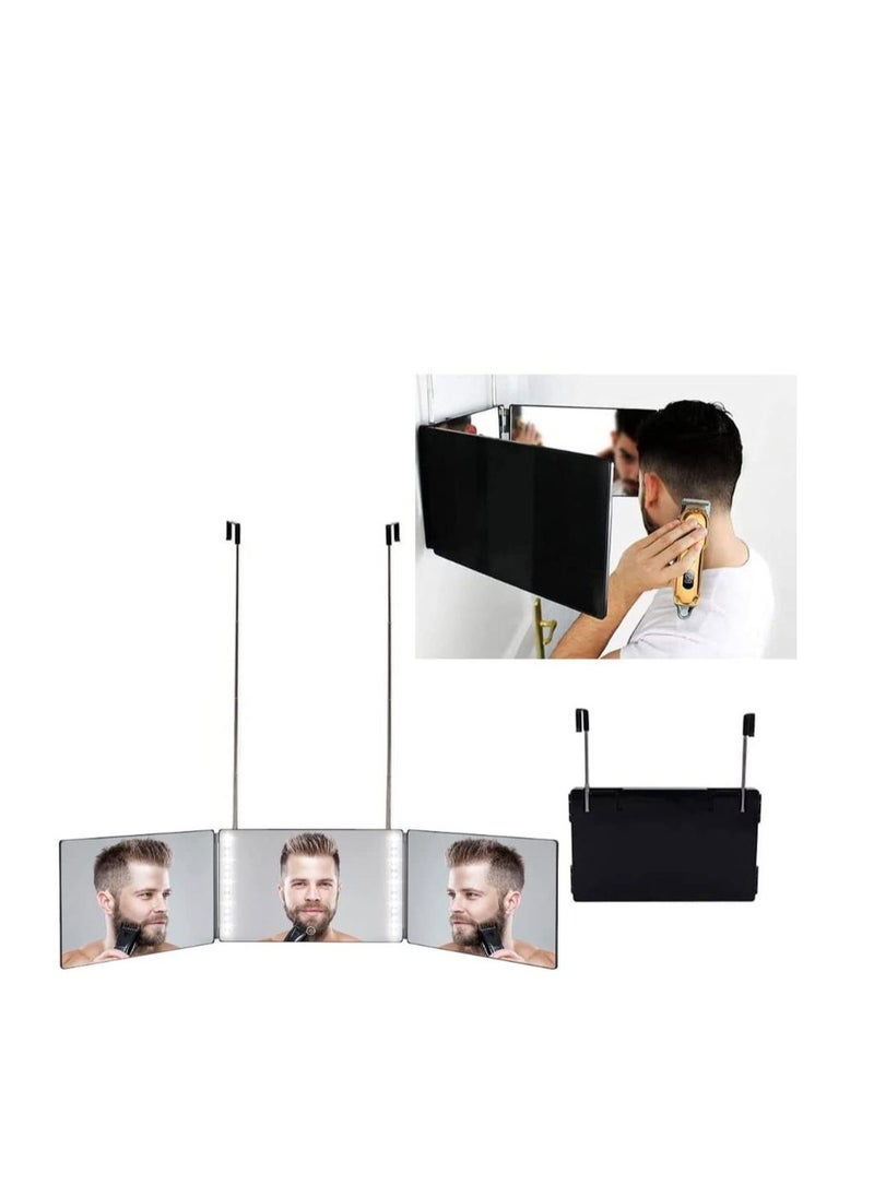 Golden - 3 Way Mirror for Hair Cutting - Rechargeable 360° Barber Mirror with Adjustable Lights & Height Telescoping Hooks, Trifold Self Cut Mirror - Image 1