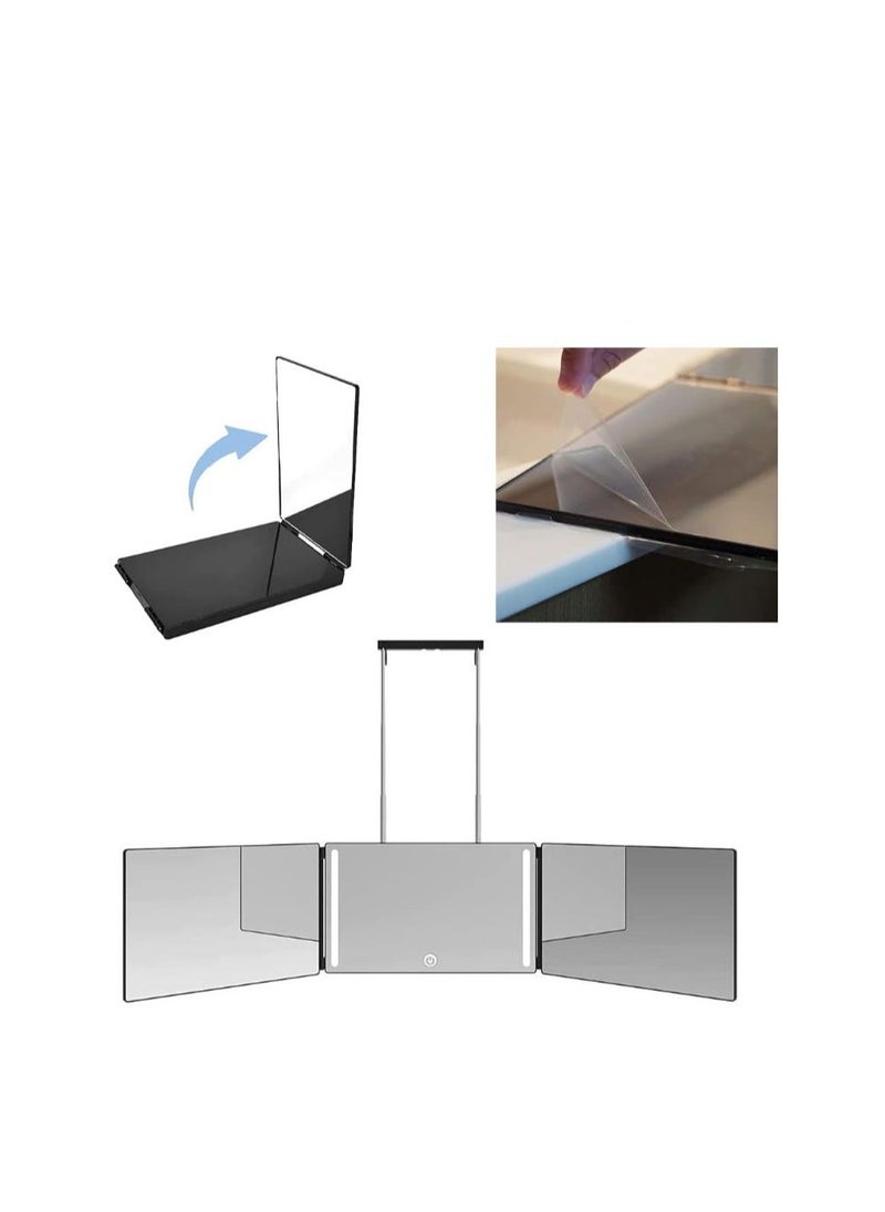 Golden - 3 Way Mirror for Hair Cutting - Rechargeable 360° Barber Mirror with Adjustable Lights & Height Telescoping Hooks, Trifold Self Cut Mirror - Image 1
