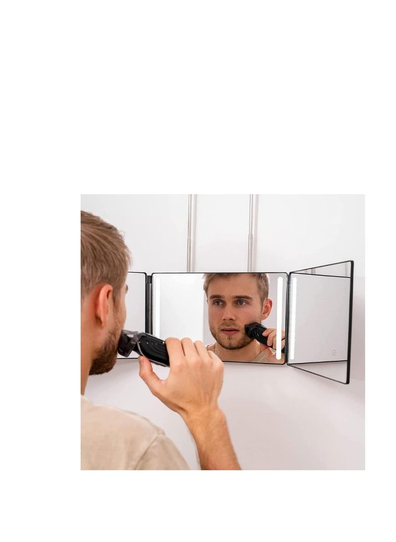 Golden - 3 Way Mirror for Hair Cutting - Rechargeable 360° Barber Mirror with Adjustable Lights & Height Telescoping Hooks, Trifold Self Cut Mirror - Image 1