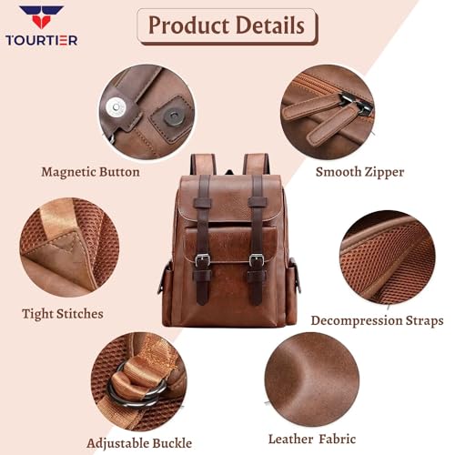 TOURTIER Men's PU Leather Large Capacity Casual Business Laptop Bag, Backpack for Travel, Sports, Business, College, School (BROWN) - Image 3