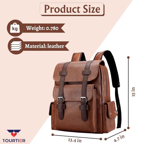 TOURTIER Men's PU Leather Large Capacity Casual Business Laptop Bag, Backpack for Travel, Sports, Business, College, School (BROWN) - Image 2