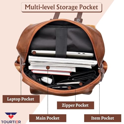 TOURTIER Men's PU Leather Large Capacity Casual Business Laptop Bag, Backpack for Travel, Sports, Business, College, School (BROWN) - Image 4