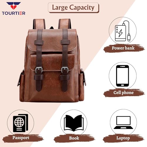 TOURTIER Men's PU Leather Large Capacity Casual Business Laptop Bag, Backpack for Travel, Sports, Business, College, School (BROWN) - Image 5