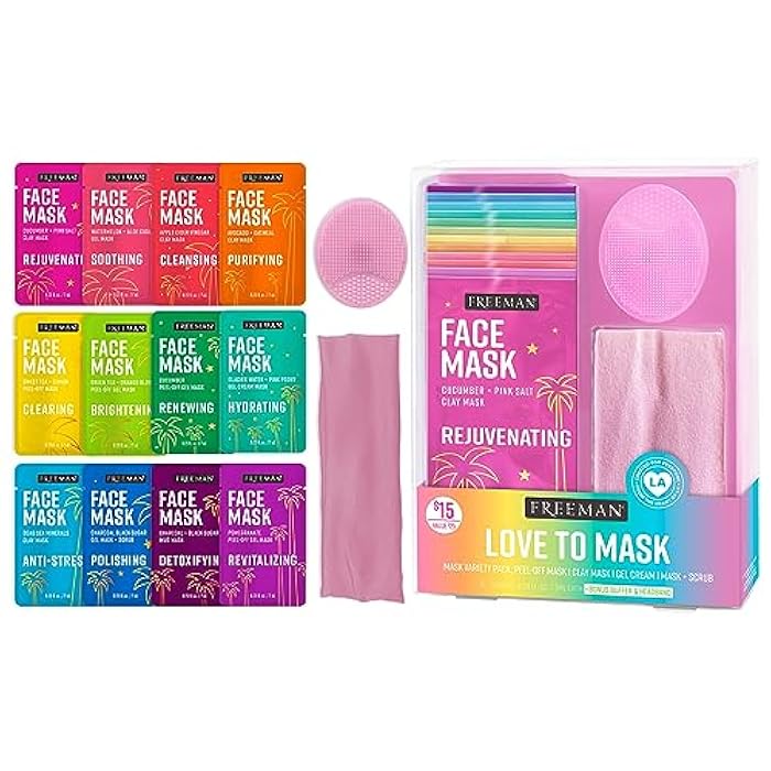 Freeman Facial Love To Mask Variety Pack: Oil Absorbing Clay, Detoxifying Charcoal, Clearing Peel Off, Hydrating Gel Cream, Exfoliating Scrub (14 Piece Kit with Bonus Buffer and Headband) - Image 1