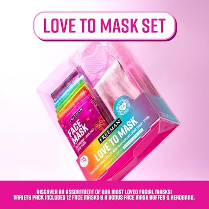 Freeman Facial Love To Mask Variety Pack: Oil Absorbing Clay, Detoxifying Charcoal, Clearing Peel Off, Hydrating Gel Cream, Exfoliating Scrub (14 Piece Kit with Bonus Buffer and Headband) - Image 2