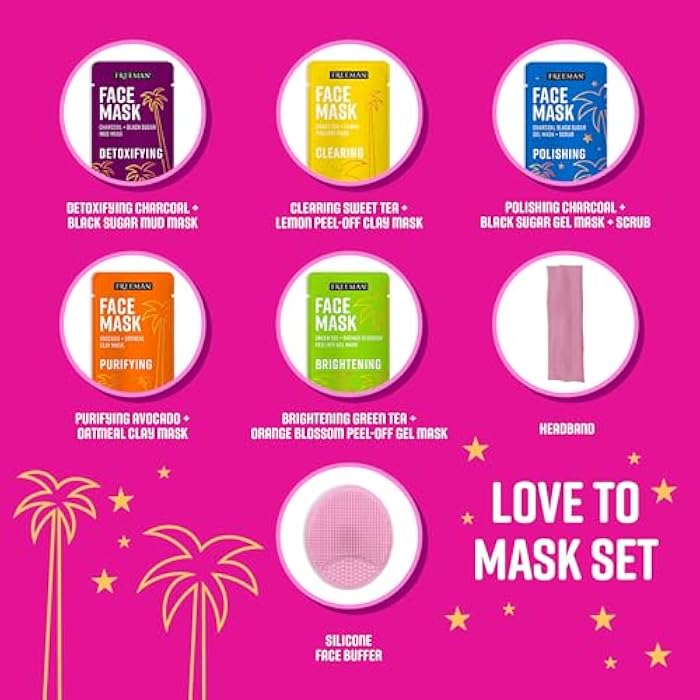 Freeman Facial Love To Mask Variety Pack: Oil Absorbing Clay, Detoxifying Charcoal, Clearing Peel Off, Hydrating Gel Cream, Exfoliating Scrub (14 Piece Kit with Bonus Buffer and Headband) - Image 4