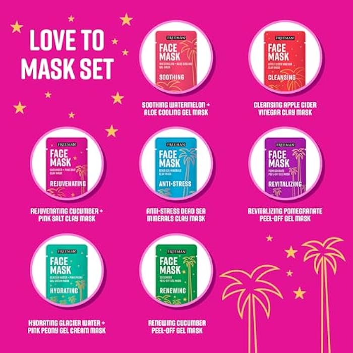 Freeman Facial Love To Mask Variety Pack: Oil Absorbing Clay, Detoxifying Charcoal, Clearing Peel Off, Hydrating Gel Cream, Exfoliating Scrub (14 Piece Kit with Bonus Buffer and Headband) - Image 3