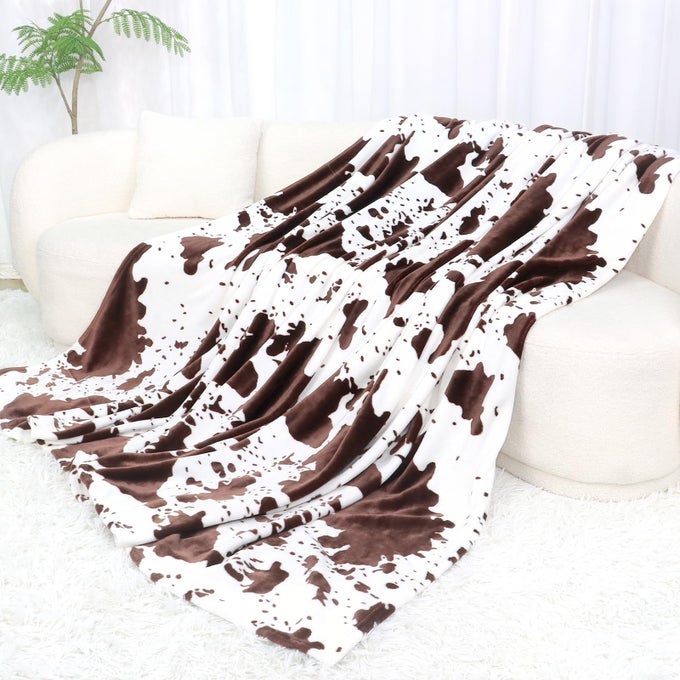 COW PRINT BLANKET TWIN SIZE SOFT LIGHTWEIGHT WARM COZY BROWN FLEECE THROW FOR COUCH BED TRAVEL HOME DECOR COW THEMED GIFTS FOR WOMEN TEENS WESTERN STYLE 60X80 INCHES