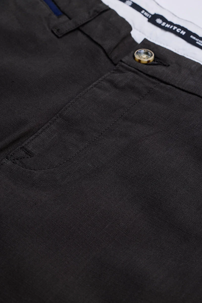 SNITCH Black Mid Rise Slim Fit Linen Blend Trouser