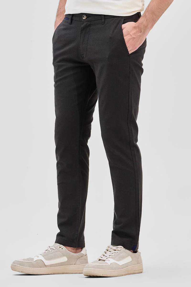 Snitch Black Black Mid Rise Slim Fit Linen Blend Trouser for Men | Best Price UAE