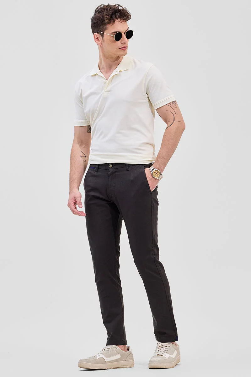 Snitch Black Black Mid Rise Slim Fit Linen Blend Trouser for Men | Best Price UAE