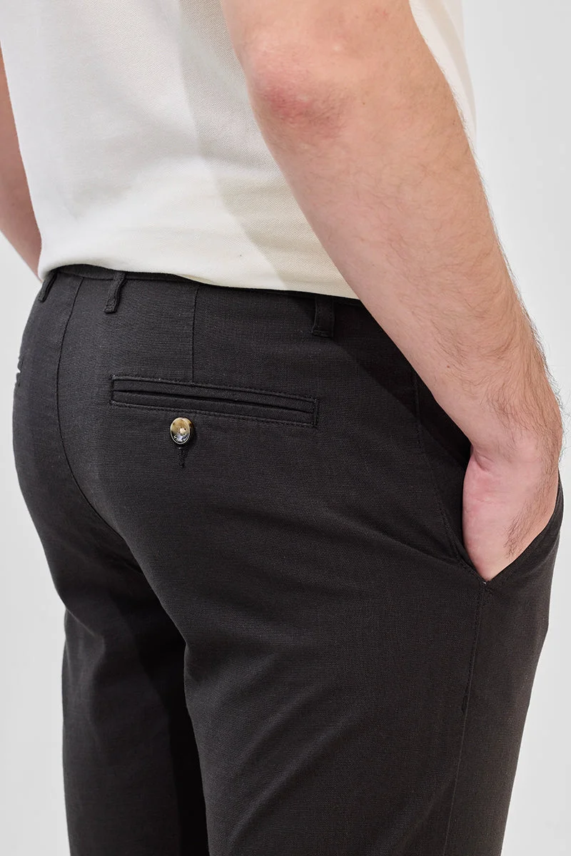 Snitch Black Black Mid Rise Slim Fit Linen Blend Trouser for Men | Best Price UAE