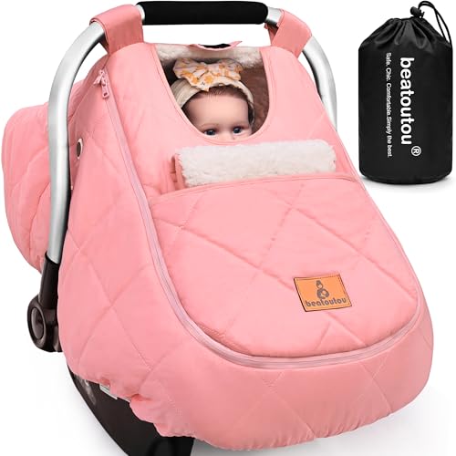 beatoutou Winter Baby Car Seat Cover Waterproof Winter Infant Carseat Canopy for Girls Cold Weather Warm Car Seat Covers for Babies Keeps Babies Warm and Cozy Pink - Image 1