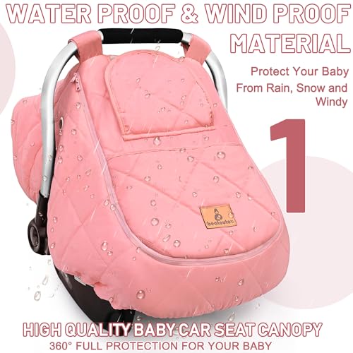 beatoutou Winter Baby Car Seat Cover Waterproof Winter Infant Carseat Canopy for Girls Cold Weather Warm Car Seat Covers for Babies Keeps Babies Warm and Cozy Pink - Image 3