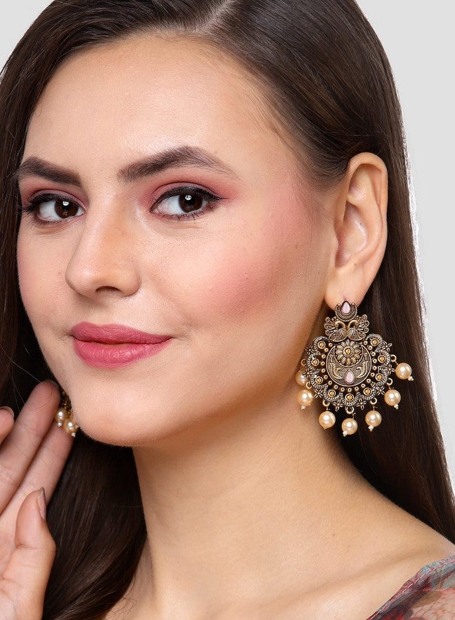 Karatcart Gold Plated Pink Floral Design Gloden Pearl Dangler Earrings for Women - Image 2