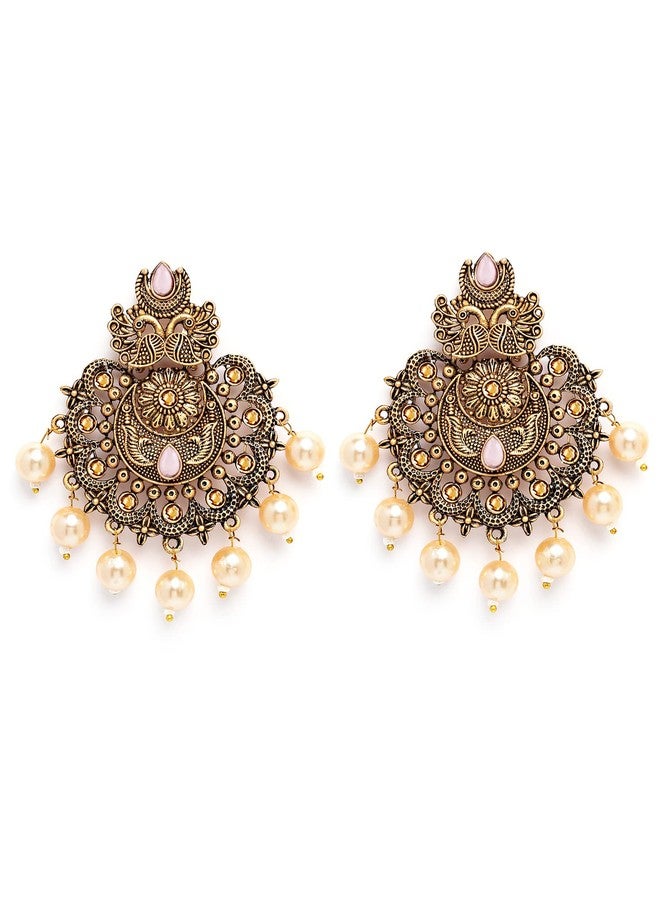 Karatcart Gold Plated Pink Floral Design Gloden Pearl Dangler Earrings for Women - Image 1