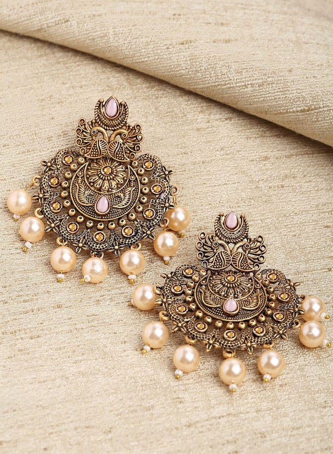 Karatcart Gold Plated Pink Floral Design Gloden Pearl Dangler Earrings for Women - Image 4