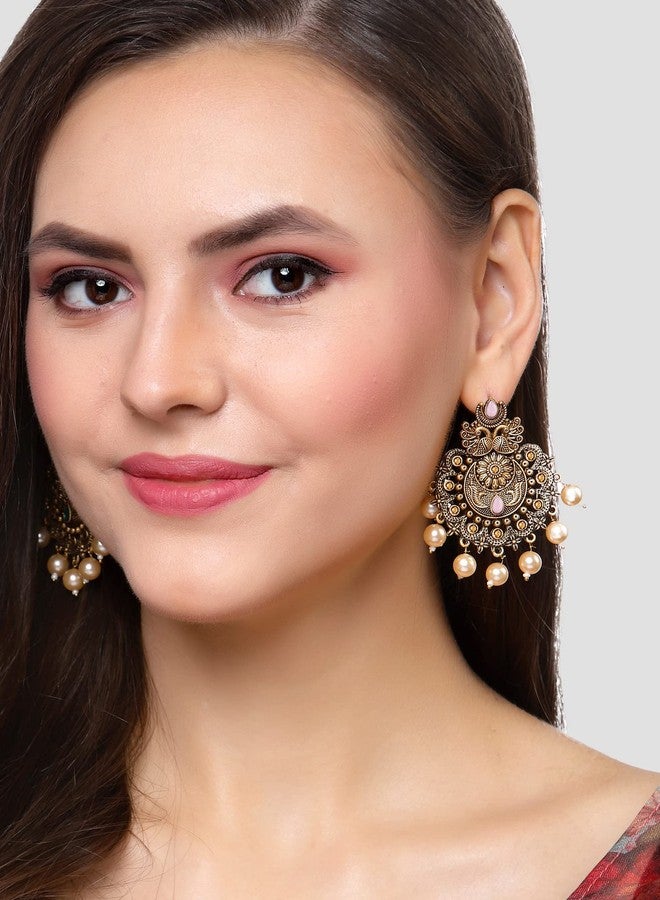 Karatcart Gold Plated Pink Floral Design Gloden Pearl Dangler Earrings for Women - Image 3