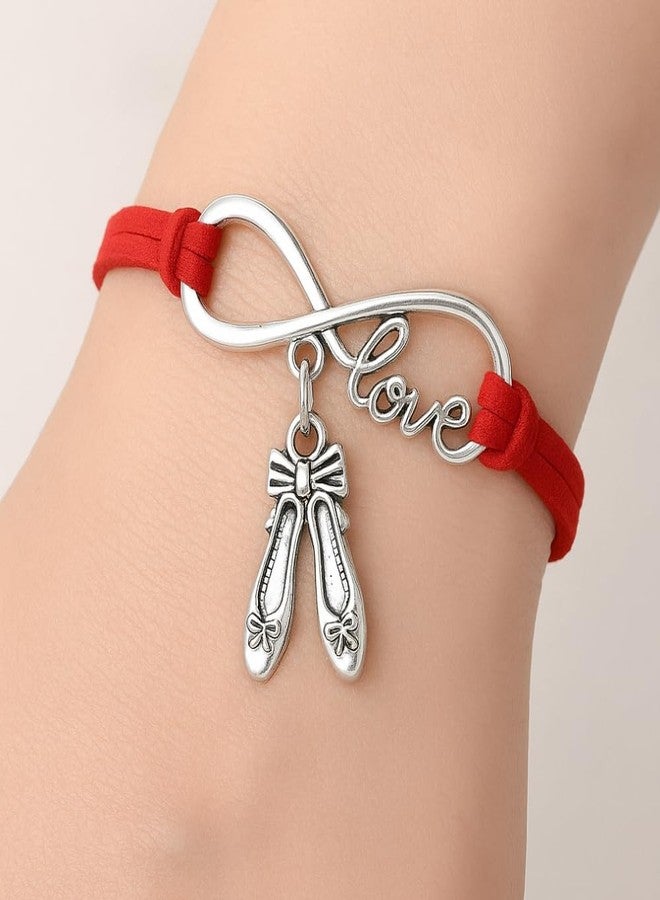 Sportybella Ballet Infinity Love Bracelet - Red Adjustable Faux Leather Wristband with Ballet Shoes Charm, Dancer Gift for Girls and Ballerinas - Image 3