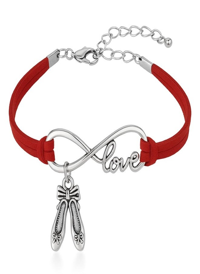 Sportybella Ballet Infinity Love Bracelet - Red Adjustable Faux Leather Wristband with Ballet Shoes Charm, Dancer Gift for Girls and Ballerinas - Image 1