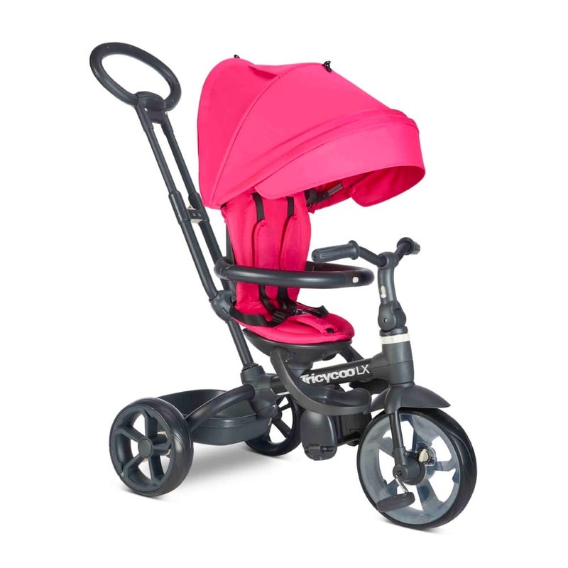Joovy Joovy Tricycoo LX Premium Kids Tricycle with 8 Stages Featuring Chunky Front Tire Removable and Adjustable Parent Handle Safety Harness MachineWashable Seat Pad and Retractable Canopy Magenta 