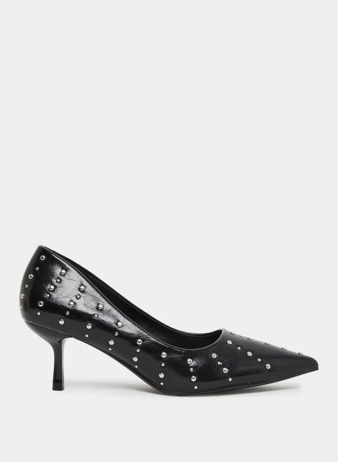 Styli Black Studded Pointed Toe Court Shoes