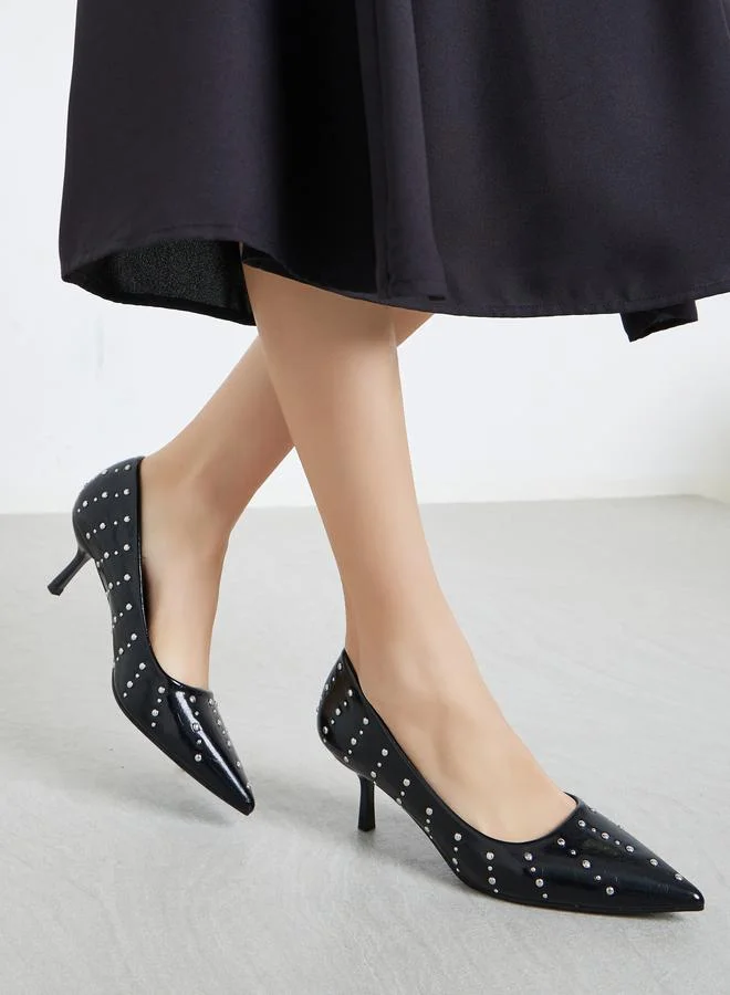 Black Studded Pointed Toe Court Shoes