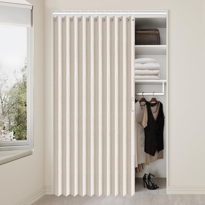 Vatge Accordion Style Door Curtains for Doorways - Laundry Room Curtains for Doorway, Folding Accordion Doors for Closets with No Door, 1 Panel with Tieback, W52 x L78, Beige - Image 1