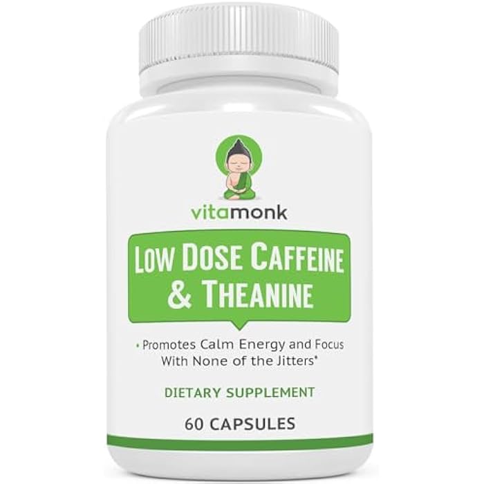 VitaMonk Low Dose Caffeine and Theanine - No Jitters, No Crash- Microdose of Caffeine L Theanine Pills with Caffeine Theanine and Theobromine - 25mg of Caffeine, Caffeine Pills L Theanine - 60 Caps - Image 1