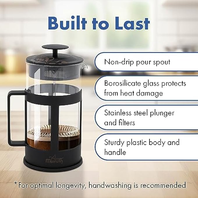 Any Morning French Press Coffee And Tea Maker Borosilicate Glass Coffee Press Stainless Steel Filter Durable And Heat Resistant Black 800 Ml 27 Oz 3 Cup - Image 4